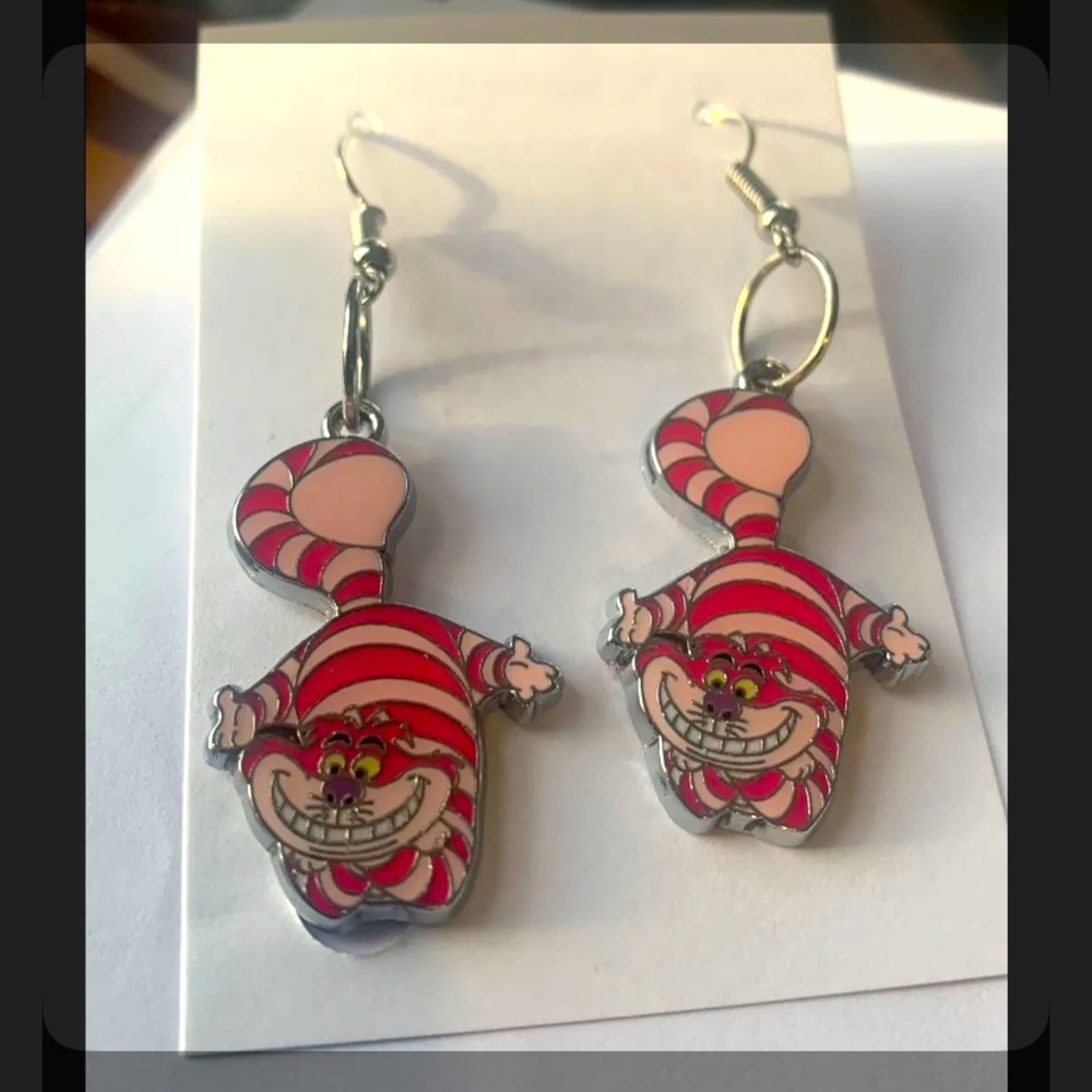 Cheshire Cat silver tone earrings brand new enamel NWOT
